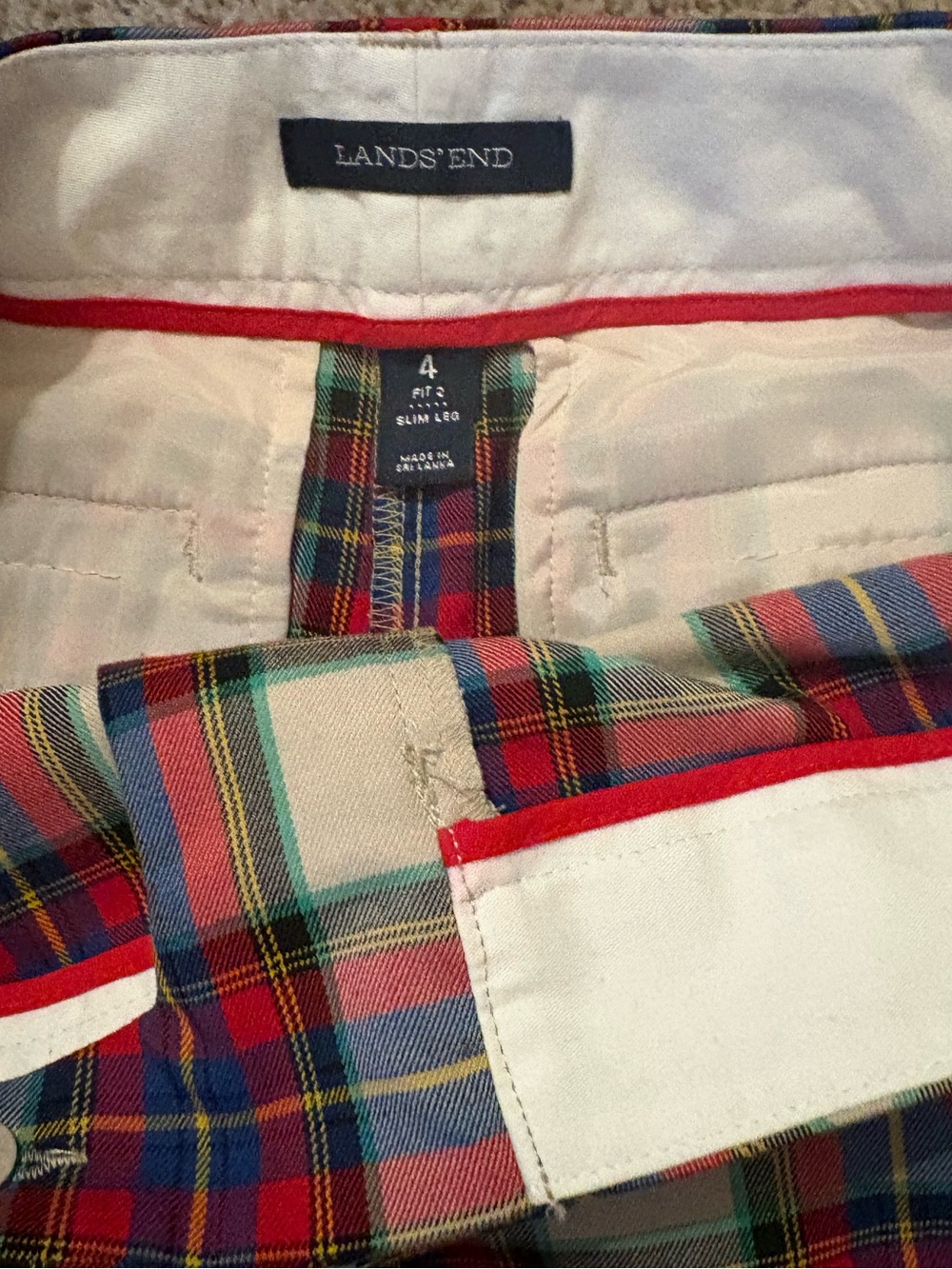 Lands' End Plaid Pants with Cream, Red & Blue Tartan Print, Fit 2, Size 4 - Picture 3 of 6